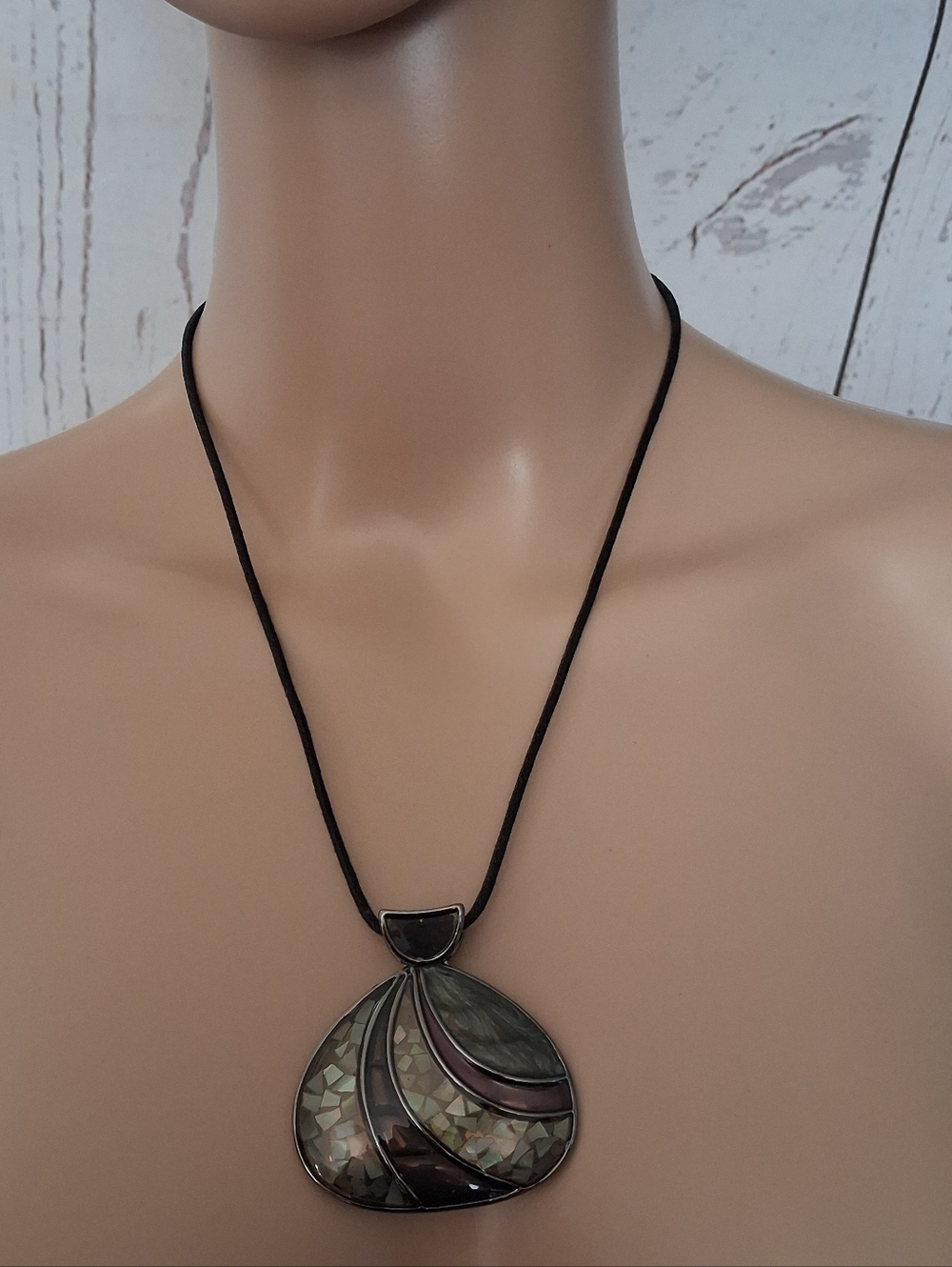 Lia Sophia Iridescent Abalone Pendant Necklace in Black Cord